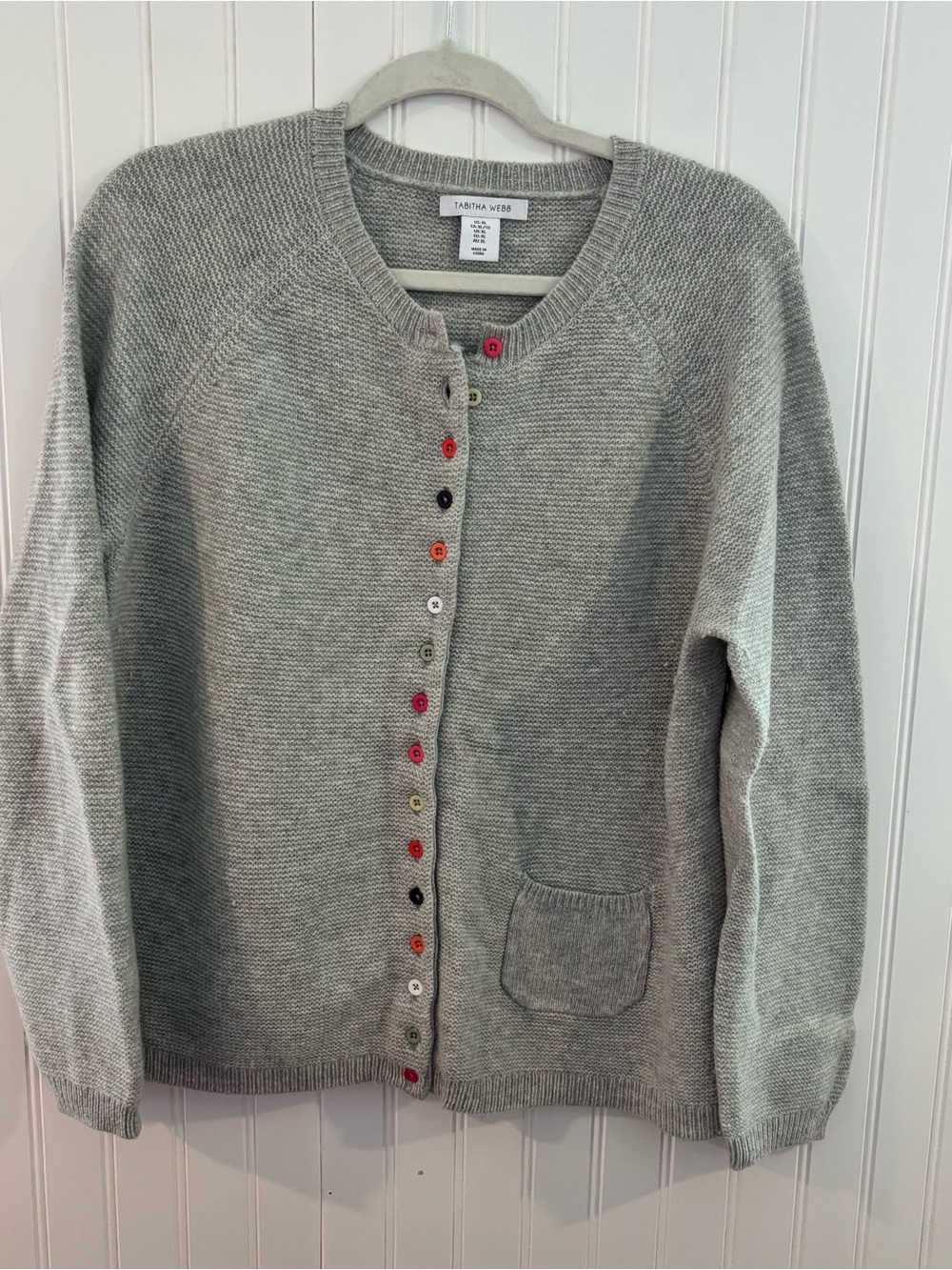 Tabitha Webb Gray Crewneck Cardigan with Multicolor Buttons